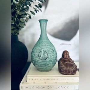 Vintage Celadon Porcelain Vase Crane Birds